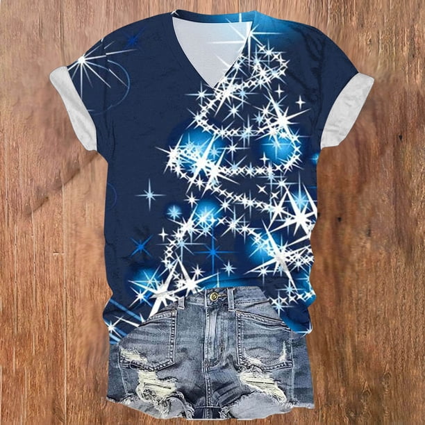 Puntoco Top de manga corta con cuello en V y estampado navideño para mujer