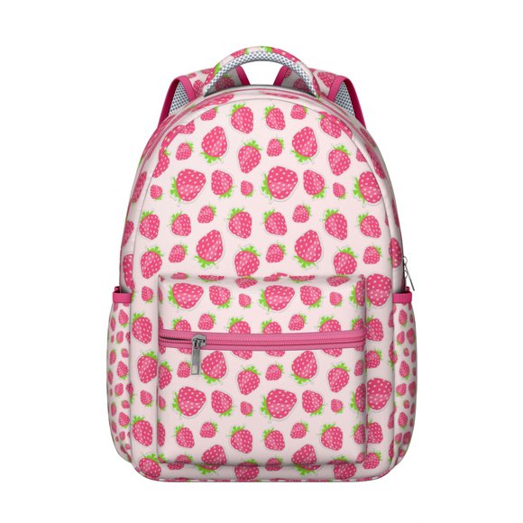 Cute Strawberry Students Backpack Red Sweet Kawaii Fruity School Bag with Berry Berries Flowers Design, Durable and Lightweight