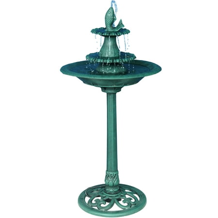 Garden Wall Water Fountain - Alpine Tiered Classic Fish Pedestal Garden Water Fountain and Birdbath, Dark Verdigris Green Finish, 40 Inch Tall