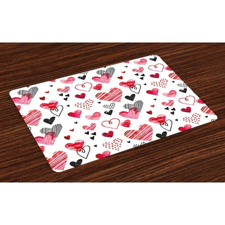 Valentines Placemats Valentine Placemats Set of 4 Different Types of Heart Shapes Romance Love Theme Watercolor Striped Art, Washable Fabric Place Mats for Dining Room Kitchen Table Decor,Pink Black White, by Ambesonne ()