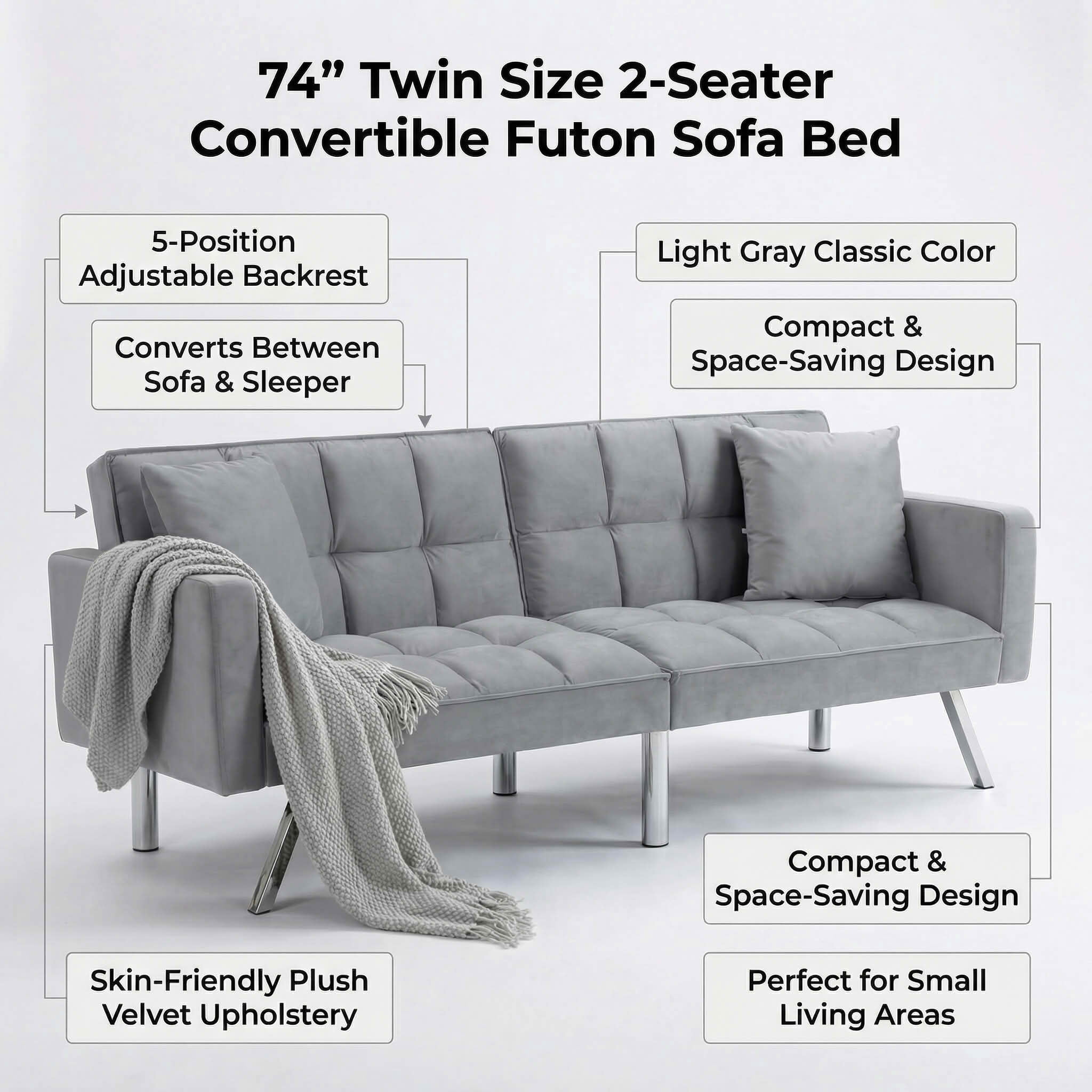 MAYEERTY 74" Convertible Futon Sofa Bed, Twin Size 2-Seater Sleeper Couch with 5-Position Adjustable Backrest, Velvet Sofa for Home Office Guest Room, Light Gray