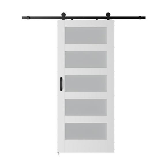 5-Panel Glass Barn Door With Sliding Door Hardware Kit & Handle, Wooden Solid MDF Core & Eco Water-Proof PVC Veneer, White ,Long Lasting
