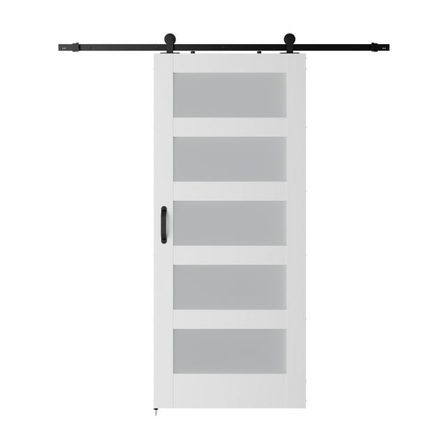 5-Panel Glass Barn Door With Sliding Door Hardware Kit & Handle, Wooden Solid MDF Core & Eco Water-Proof PVC Veneer, White ,Easy to Install