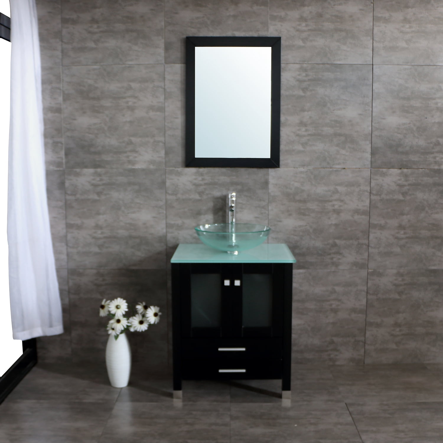 Wonline 25" Single Bathroom Vanity Cabinet Solid Wood w/ Glass Sink Faucet Mirrors