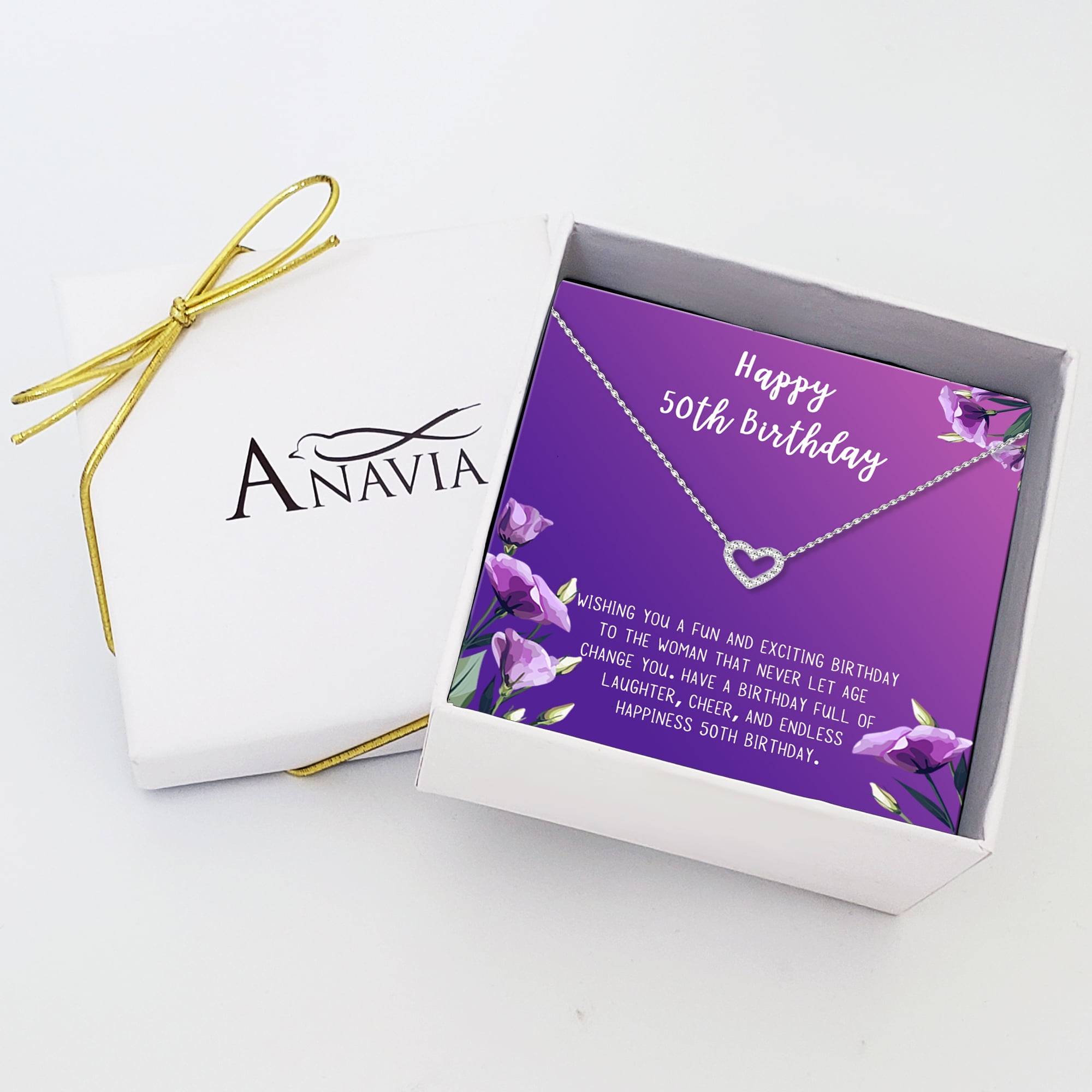 Anavia Happy 50st Birthday Gifts Stainless Steel Fashion Necklace Birthday Card Jewelry Gift for Her, Birthday Gift for Grandma-[Silver Mini Crystal Heart, Royal Purple Gift Card]