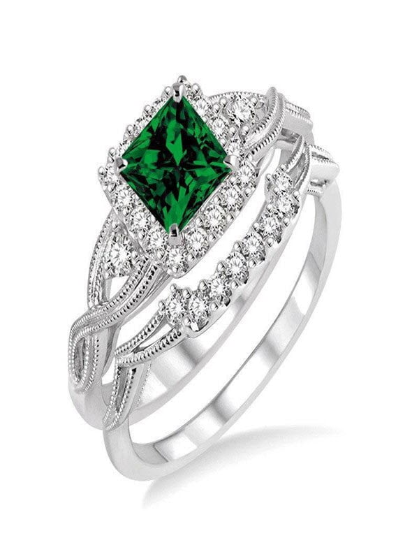 1 25 Carat Antique Design Princess Cut Emerald And Diamond Bridal 1 25 Carat Antique Design Princess Cut Emerald And Diamond Bridal Ring Set In 14k White Gold Engagement