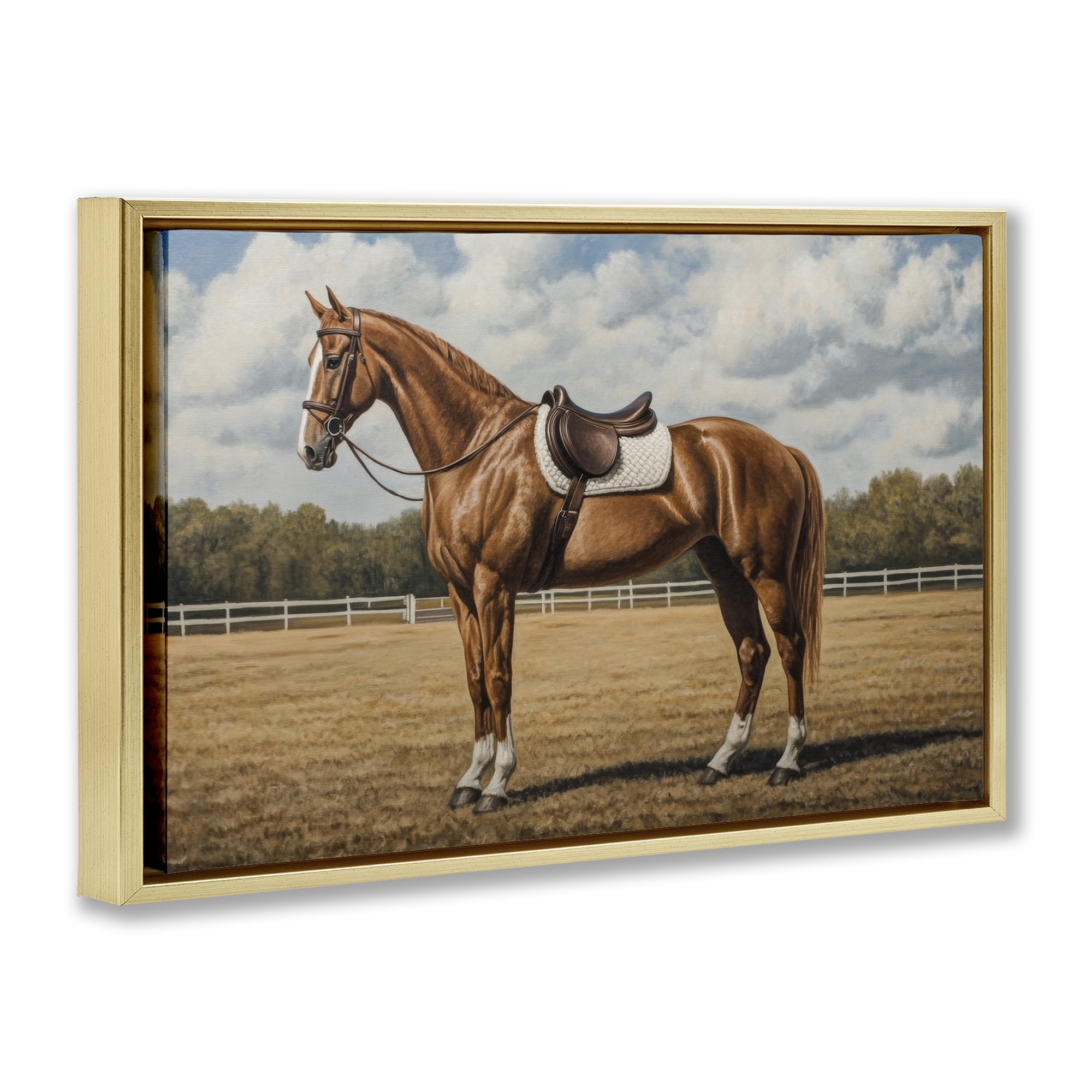 Stupell Industries Saddled Up Chestnut Horse Gold Framed Floater Canvas Wall Art, design by Petal Prints Design