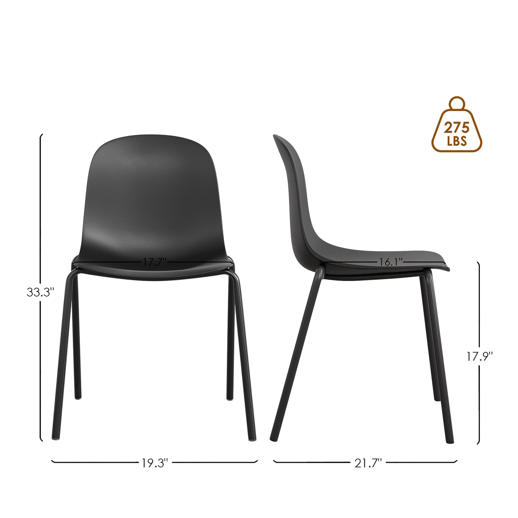 MAYEERTY Black Set of 4 Modern Stackable Plastic Waterproof Dining Chairs, Metal Legs, Indoor/Outdoor Use