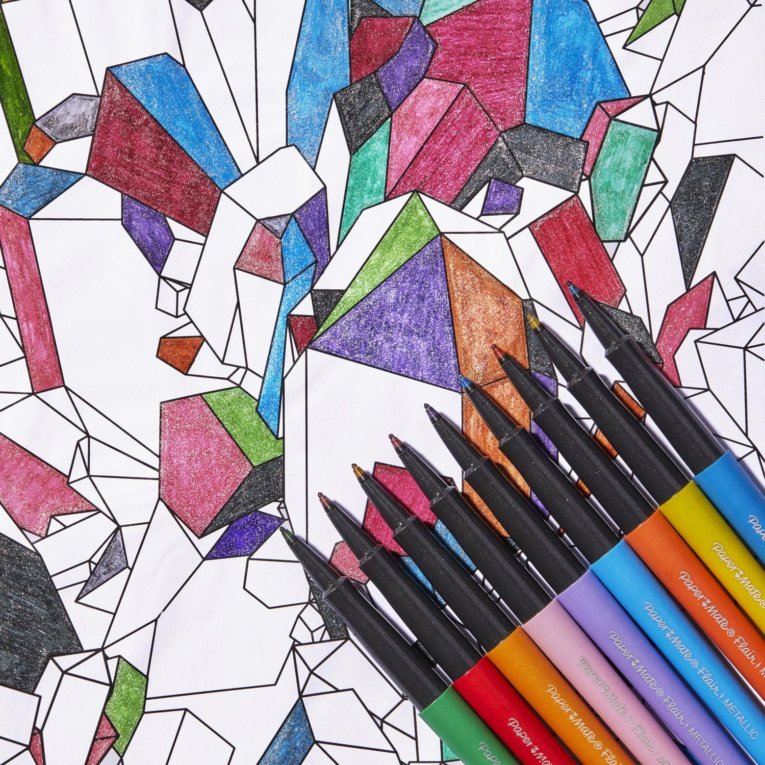 Stylos Paper Mate Flair, stylos-feutres à pointes métalliques, lumières de la ville, encre scintillante brille sur papier blanc, couleurs assorties, 16 unités