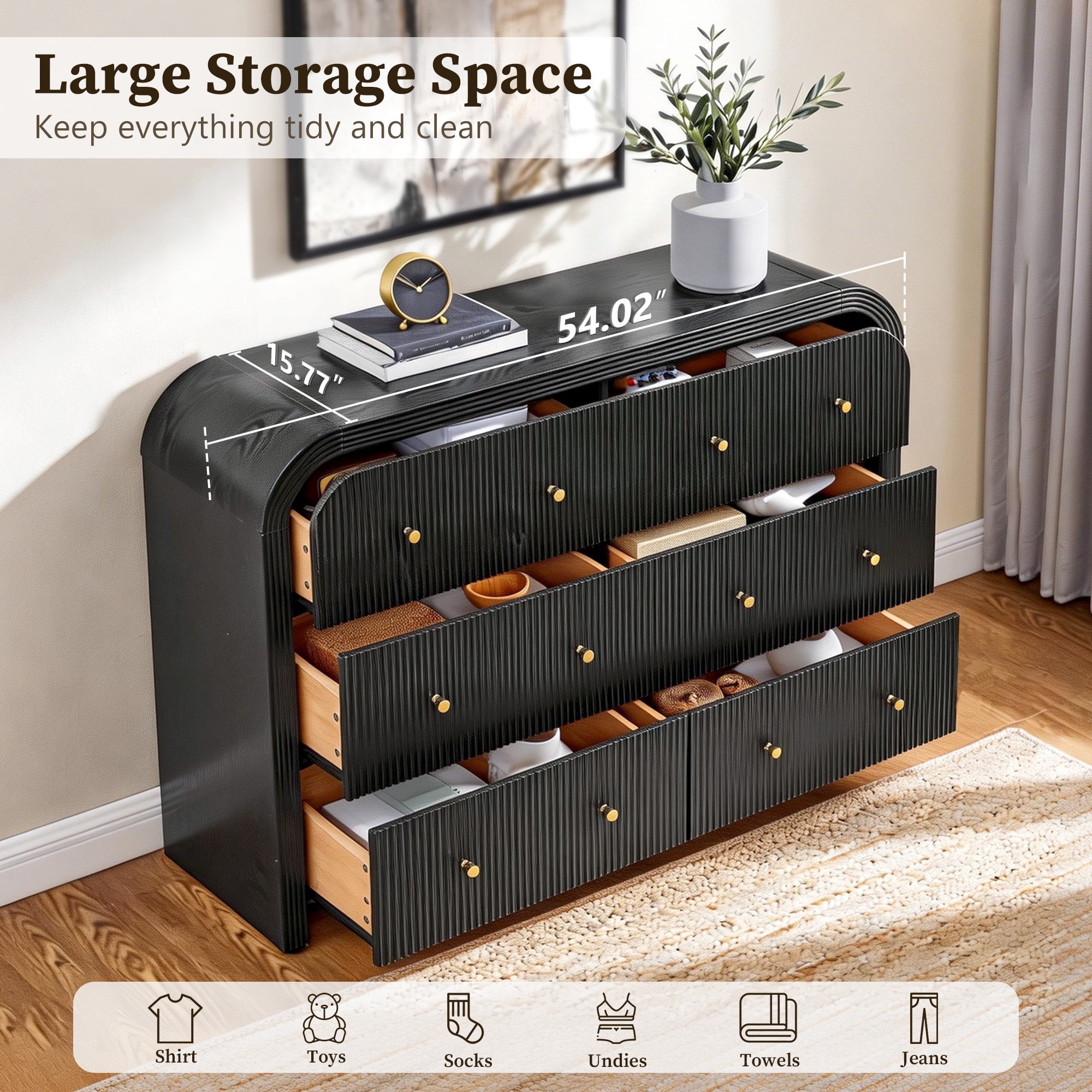 KeyWhat 54" Modern 6-Drawer Dresser, Fluted Chest of Drawers with Curved Profile, Wood Storage Cabinet for Bedroom and Living Room, Black Oak