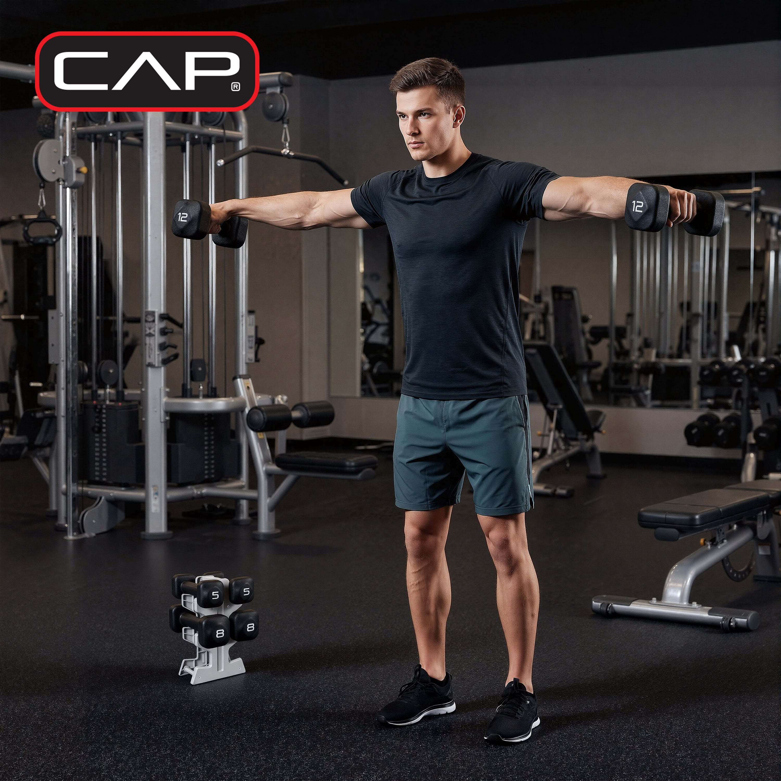 CAP Barbell 50 lb Neoprene Dumbbell Set with Storage Rack, 3-Pair Free Weights for Home Gym, 5, 8 & 12 lb Dumbbells