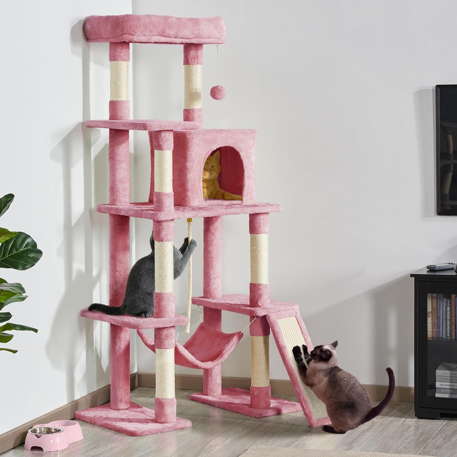 ZYPPP Cat Tree Cat Tower, 63in Multi-Level Cat Tree for Indoor Cats, Tall Cat Tree w/Sisal-Covered Scratching Posts & Condo, Cat Furniture Activity Center for Cats Kitten, Pink