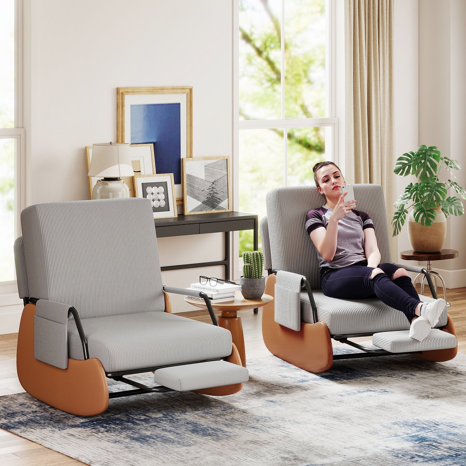 Furniliving Rocking Chair, Upholstered Nursery Rocking Chair with Footrest and Adjustable Backrest, Glider Rocker Accent Chair for Living Room, Bedroom, Nursery, Gray
