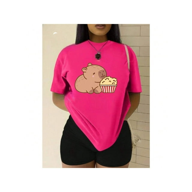 Playera Blusa Con Estampado de Capibara Comiendo Palomitas Playera De Capybara Divertida Color Fucsia Talla Grande Marca Emil SaEs