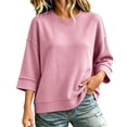 thumbnail image 2 of ABSUYY Women's Soft Stretchy Waffle Knit Tunic, Crew Neck 3/4 Sleeve Relaxed Fit Daily Shirt, Pink, M, 2 of 9