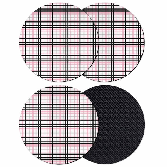 Pink Black Plaid Coasters Set of 4, Farmhouse Pink Black Checkered Absorbent Coasters for Drinks, Coaster for Bar Office Dining Coffee Table Accessories Decor, Non Slip Round Desk Coaster