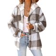 thumbnail image 2 of felwors Women's Sherpa Hooded Cardigan Fall Winter Fuzzy Fleece Jacket Warm Soft Plaid Flannels sweater coat Outwear Khaki, L, 2 of 7