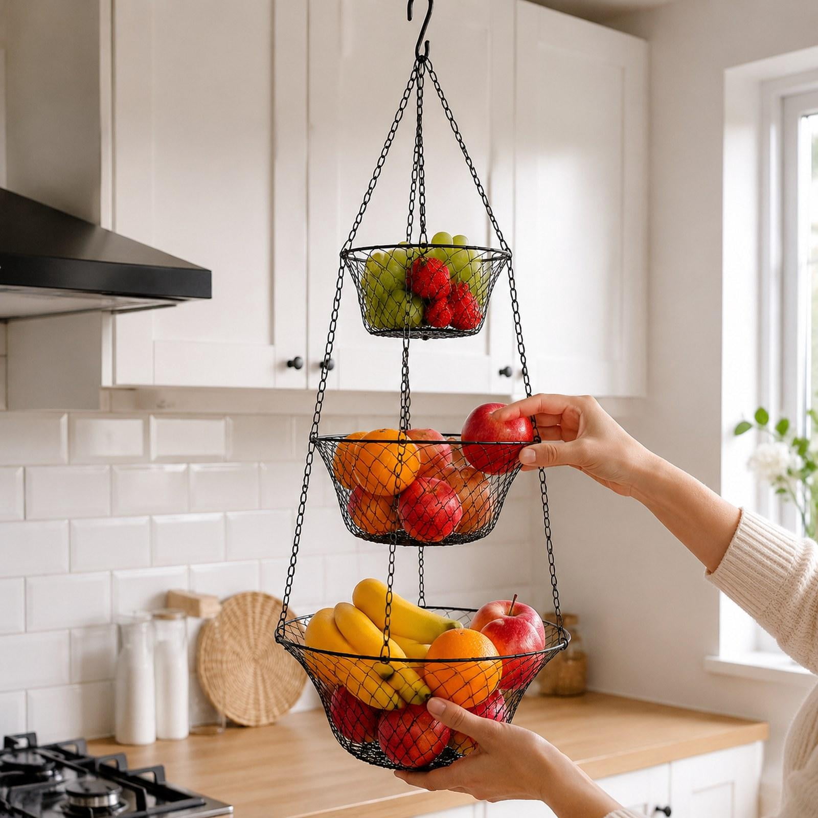 Baoblaze 3 Tier Hanging Fruit Basket Fruit Organizer Metal, Versatile, Heavy Duty, Sturdy Black