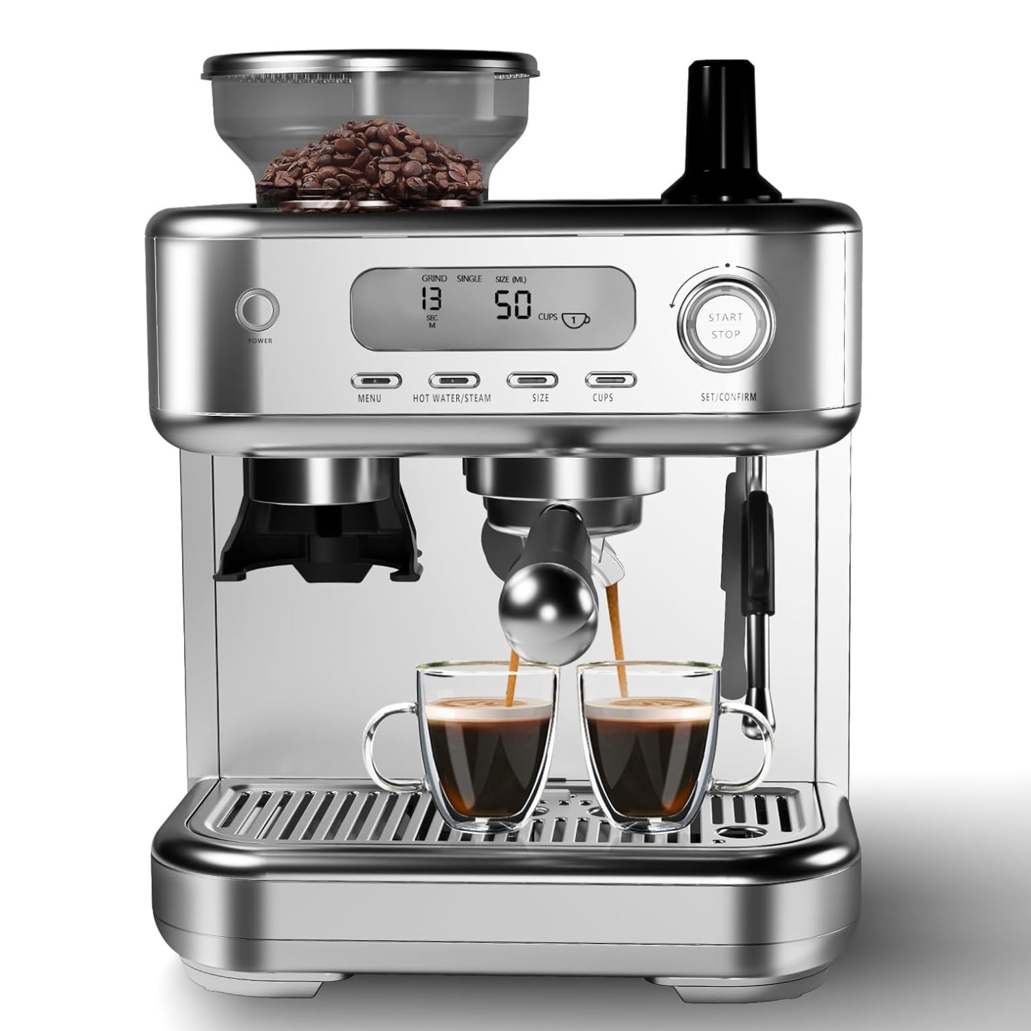 Garvee Espresso Machine with Grinder, 15 Bar Stainless Steel Professional Espresso Maker W/LCD Display & 2.3L Removable Water Tank for Home Office, Gray