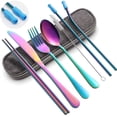 thumbnail image 1 of Travel Cutlery Set,Flatware Set Portable Utensils,Silverware Set Reusable Stainless Steel Tableware with Case Camping 8pcs Including Fork Spoon Chopsticks Cleaning Brush Straws(Rainbow), 1 of 5