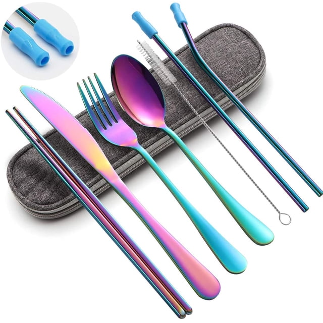 Travel Cutlery Set,Flatware Set Portable Utensils,Silverware Set Reusable Stainless Steel Tableware with Case Camping 8pcs Including Fork Spoon Chopsticks Cleaning Brush Straws(Rainbow)