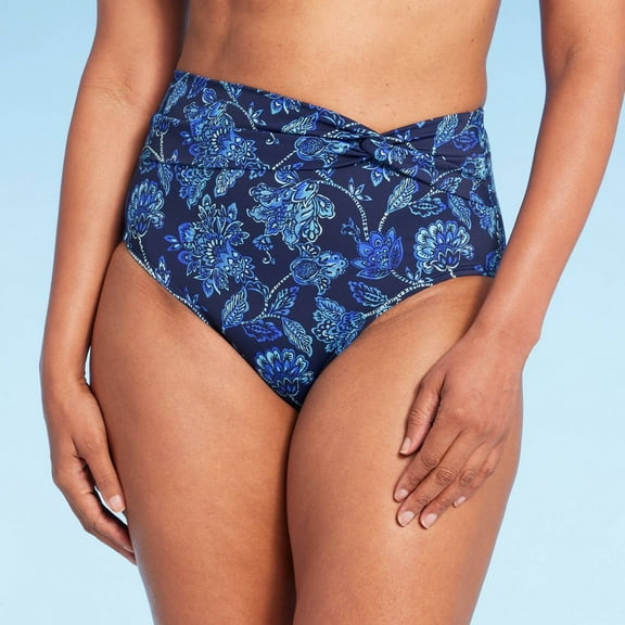 Lands' End Women's UPF 50 Full Coverage Floral Print High Waist Twist-Front Bikini Bottom - Blue S