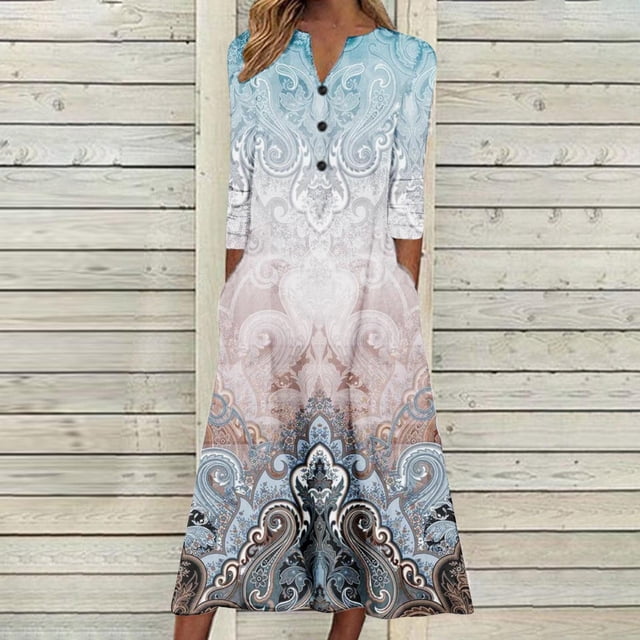 Babysbule Liquidation Robes d'Automne pour Femmes Mode Femmes Décontracté Élégant Col Rond Imprimé Été Manches Longues Poches Robe