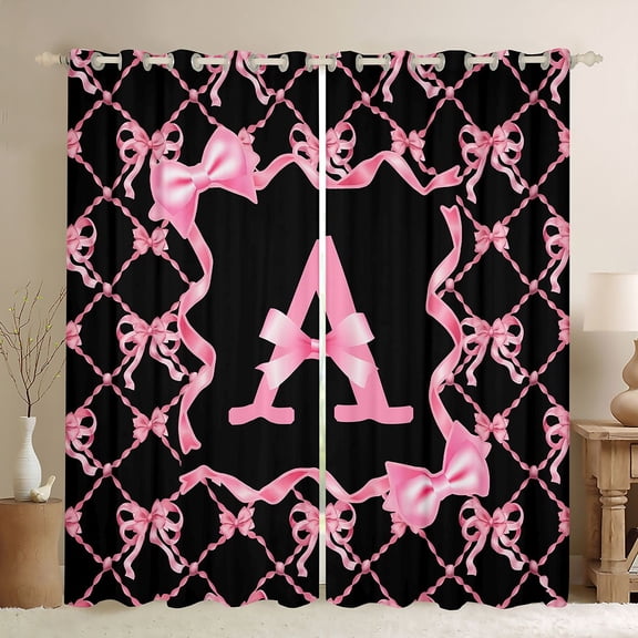 Manfei Pink Bow Letter A Black Out Curtains, Kawaii Ribbon Curtains Pack of 2 (42x63 Each) for Girls Women