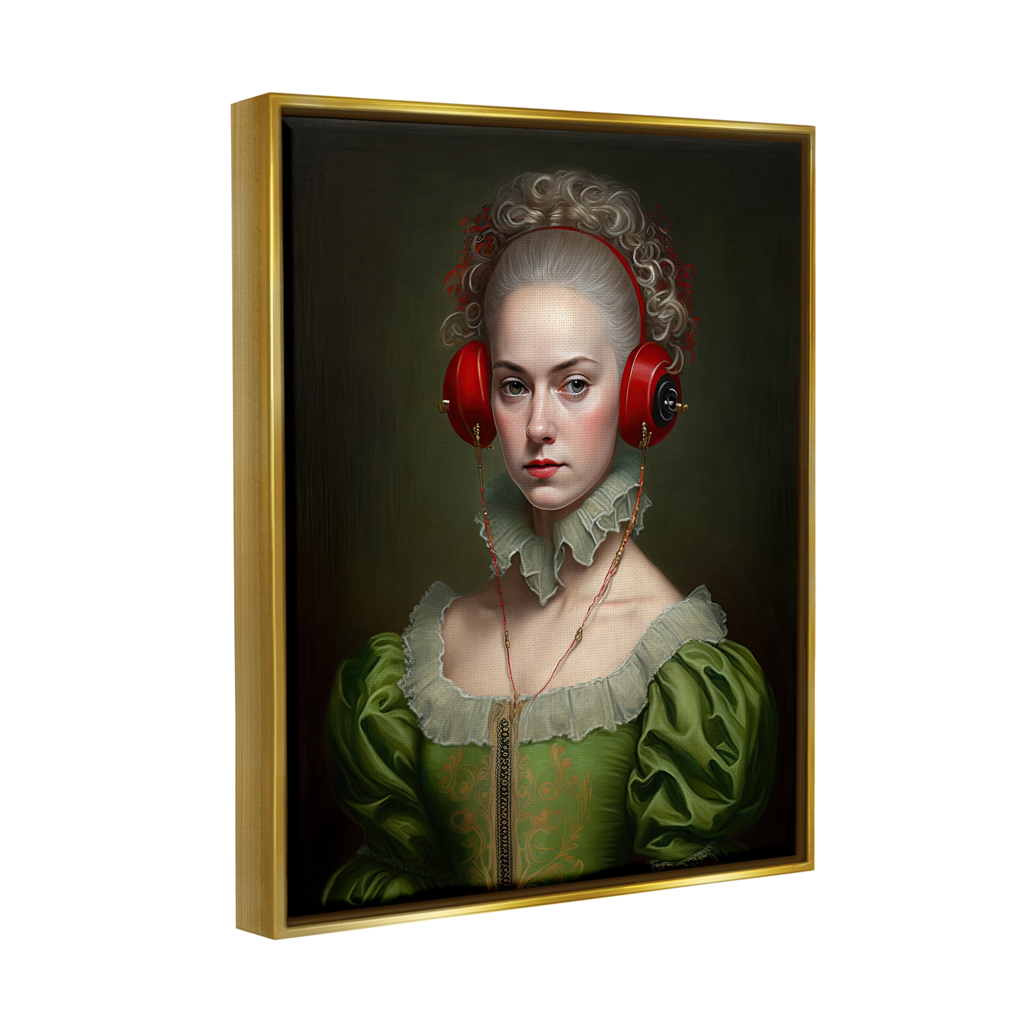 Stupell Industries Classic Portrait with Headphones Beauty & Fashion Painting Gold Floater Framed Art Print Wall Art, 25 x 31