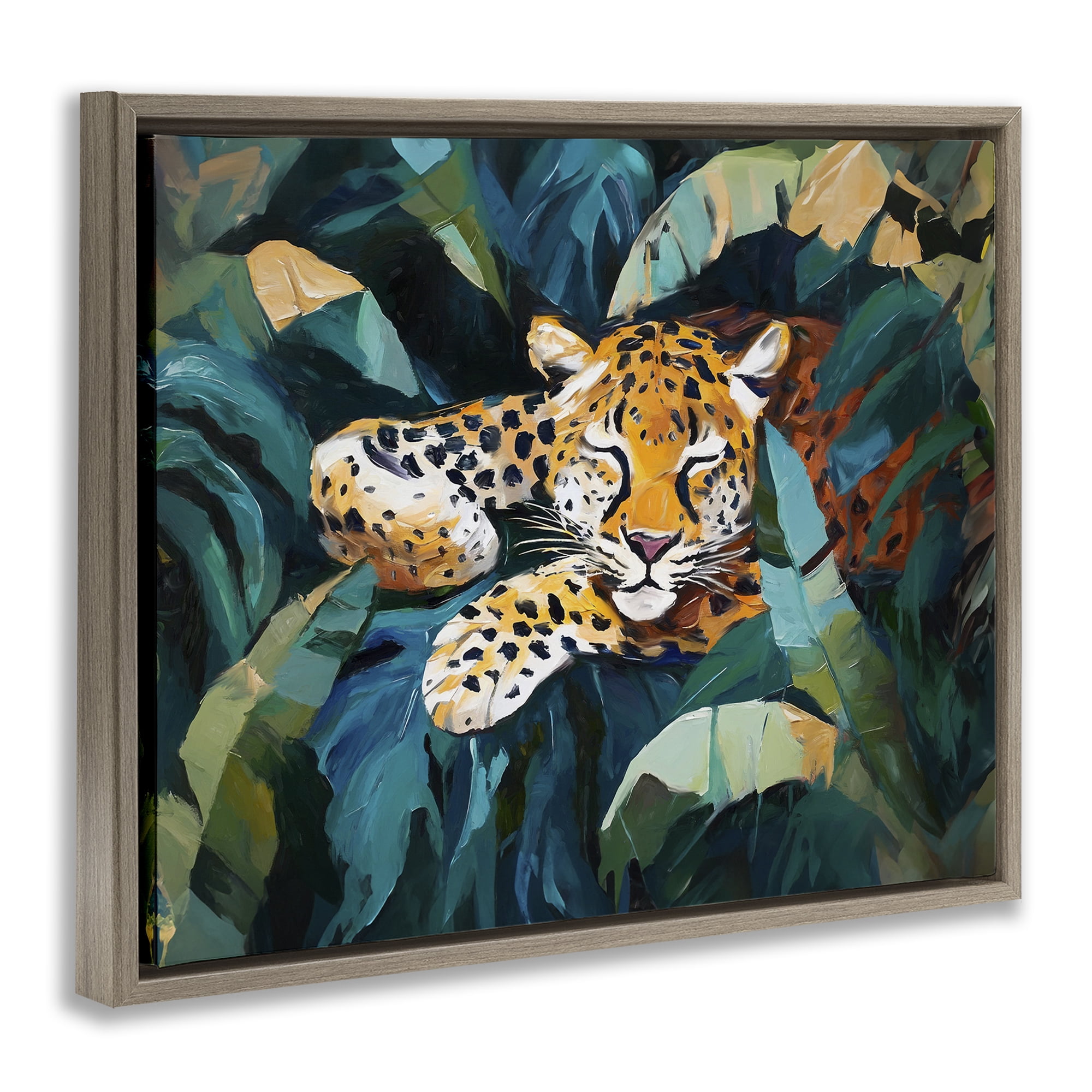 Stupell Industries Leopard Sleeping in Leaves Animals & Insects Painting Brown Floater Framed Canvas Art Print Wall Art, 31 x 25
