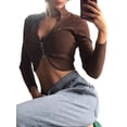 thumbnail image 6 of Yuemengxuan Women's Zip Up Crop Tops, Long Sleeve  V Neck Solid Color Ruched Rib Knit T-Shirts, 6 of 9