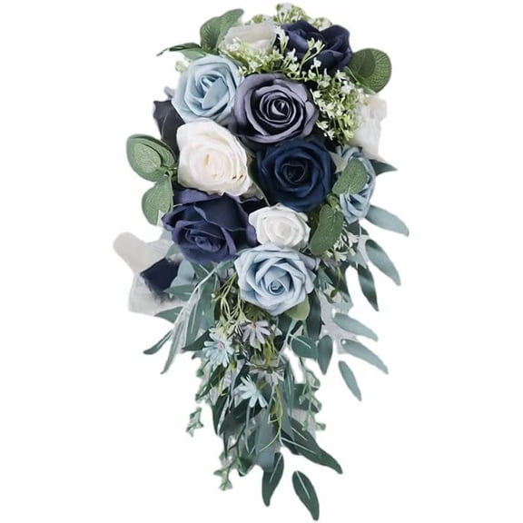 Christmas Halloween Artificial Flowers Holding Cascading Brides Bouquet for Romantic Wedding Scene Layout Photo Shooting (Blue)