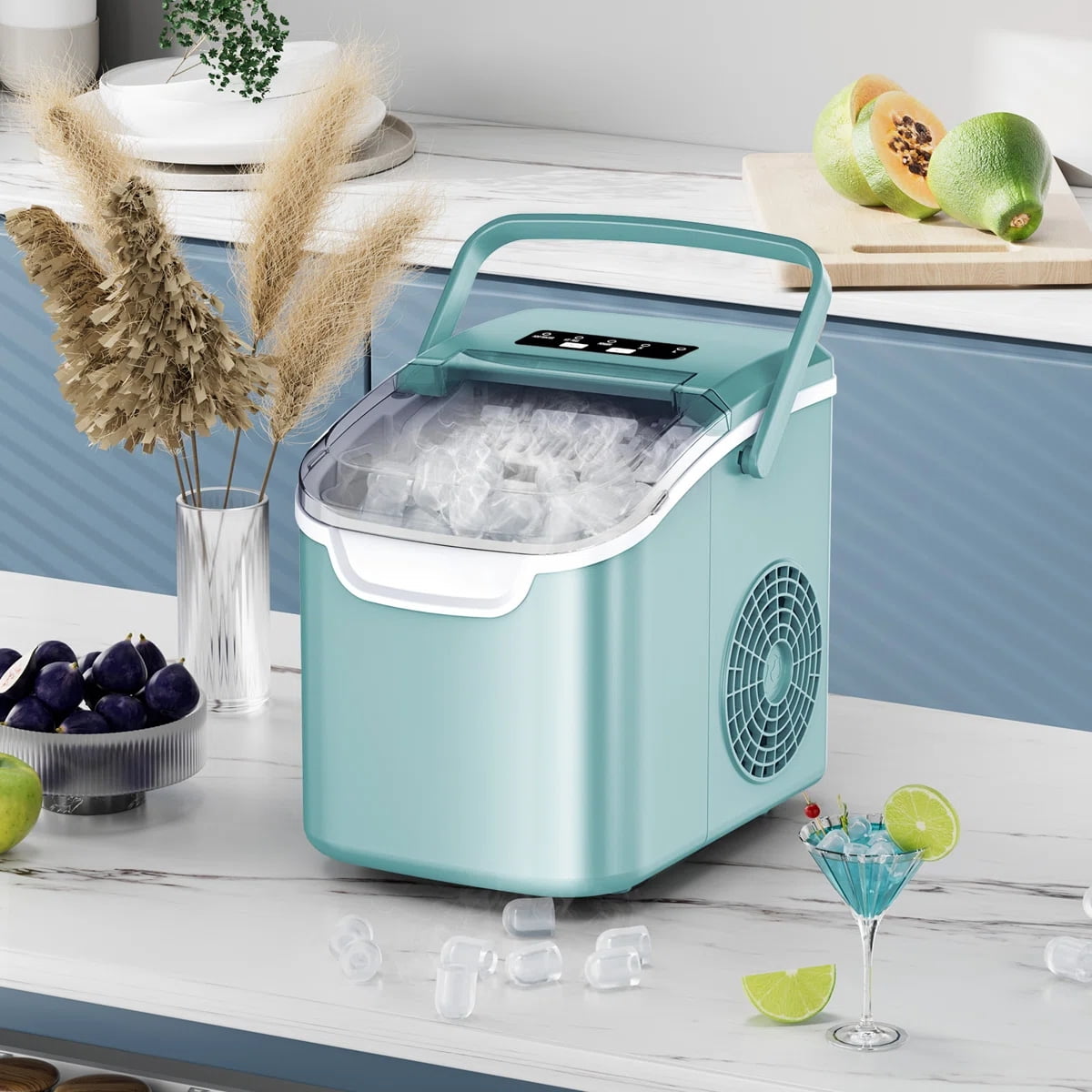 KNDKO Efficient Portable Countertop Ice Maker: Quick 8-Cube In 6 Mins, Up To 26Lb/Day, 2 Ice Sizes, Perfect For Home/Party/Travel Green