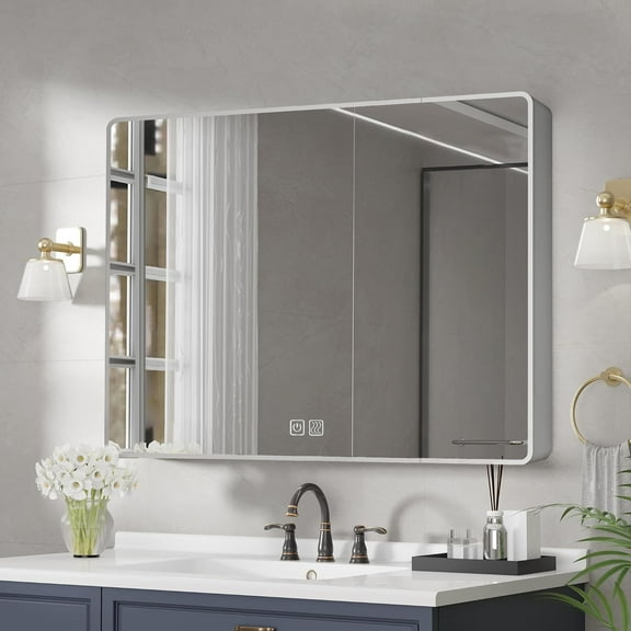 35"W x 28"H Recessed or Surface Mount 3-Door Frameless Bathroom Medicine Cabinet with Mirror, LED Light, Defogger