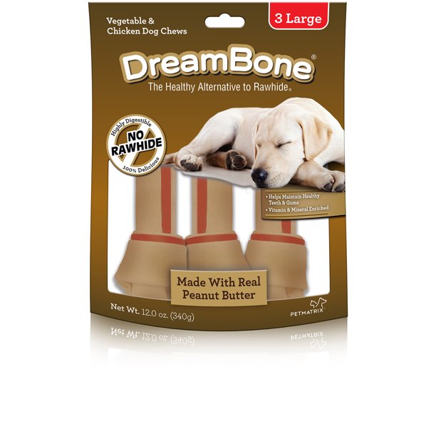 DreamBone Peanut Butter Flavored RawhideFree Dog Chews, Large, 12 Oz