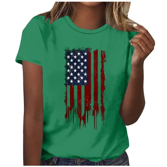 Levmjia Womens Top Fashion Printed T-Shirt Short Sleeve Round Neck Casual Independence Day Comfortable Blouse Vacation Daily Wear