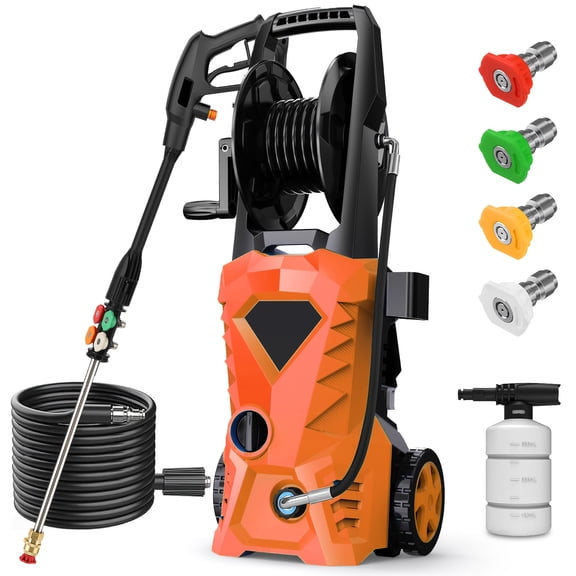 5000PSI 120V Electric Pressure Washer - Heavy-Duty, 33ft Hose Reel   Foam Cannon, 4 Nozzles for Driveways/Cars/Patio (Orange, US Plug)