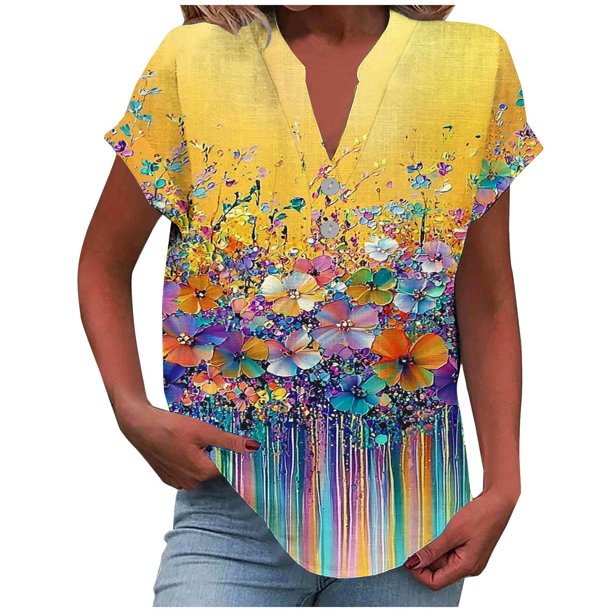 Vestidos Casuales Para Mujer, Blusas De Mujer De Moda Camiseta informal de manga corta con cuello en V y botones para mujer