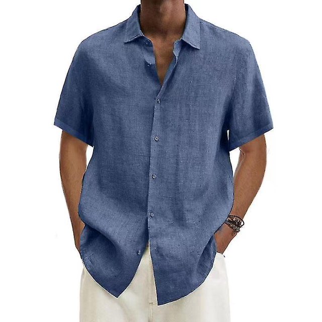Cotton Linen Blouse Summer Men Turn Down Collar Short Sleeve Button Loose Blouse Tops Oversized S-5xlXL