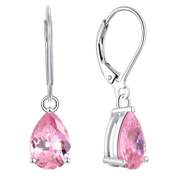 PYNZY Dangle Drop Earrings Sterling Silver Solitaire Leverback Teardrop Earrings for Women Birthstone Created Pink Tourmaline Jewelry Gifts for Moms