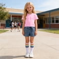 thumbnail image 3 of OGLCCG Girls 3 Piece Outfit Set Kids Short Sleeve Tshirt and Denim Shorts Socks Summer Casual Active Clothes Sets with Pockets 3-12 Years, 3 of 8