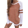 thumbnail image 1 of Women Crew Neck Long Sleeve Stripe Splice Colorblock Blouse, 1 of 10