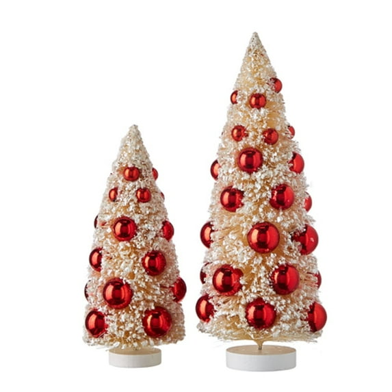 Bottle Brush Trees with Red Ornaments 12 Inch 2 Piece Set