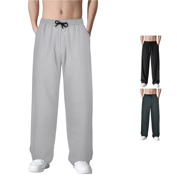 RUTAYY Men's Wide Leg Casual Pants Solid Color Drawstring Elastic Waist Side Pockets Lightweight Trousers Grey