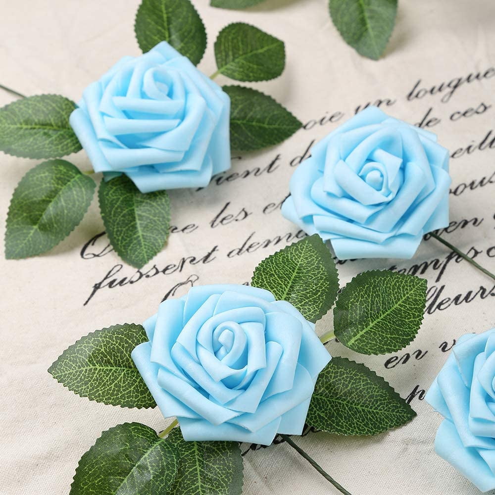 30pcs Baby Blue Roses Foam Flowers Artificial Roses with Stems, Fake Roses with Fake Flowers for DIY Wedding Bouquets Baby Shower Centerpieces Floral Party Home Décor (Light Blue)