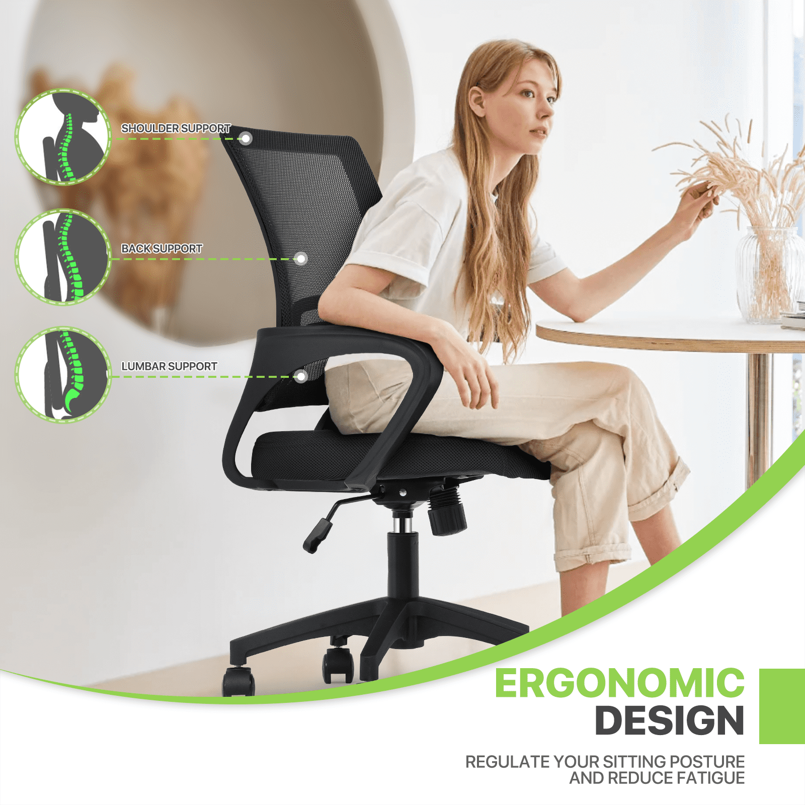 Magshion Set of 2 Office Chairs Mid Back Swivel Desk Chairs, Height Adjustable Ergonomic Mesh Computer Chairs with Armrest & Lumbar Support, Black