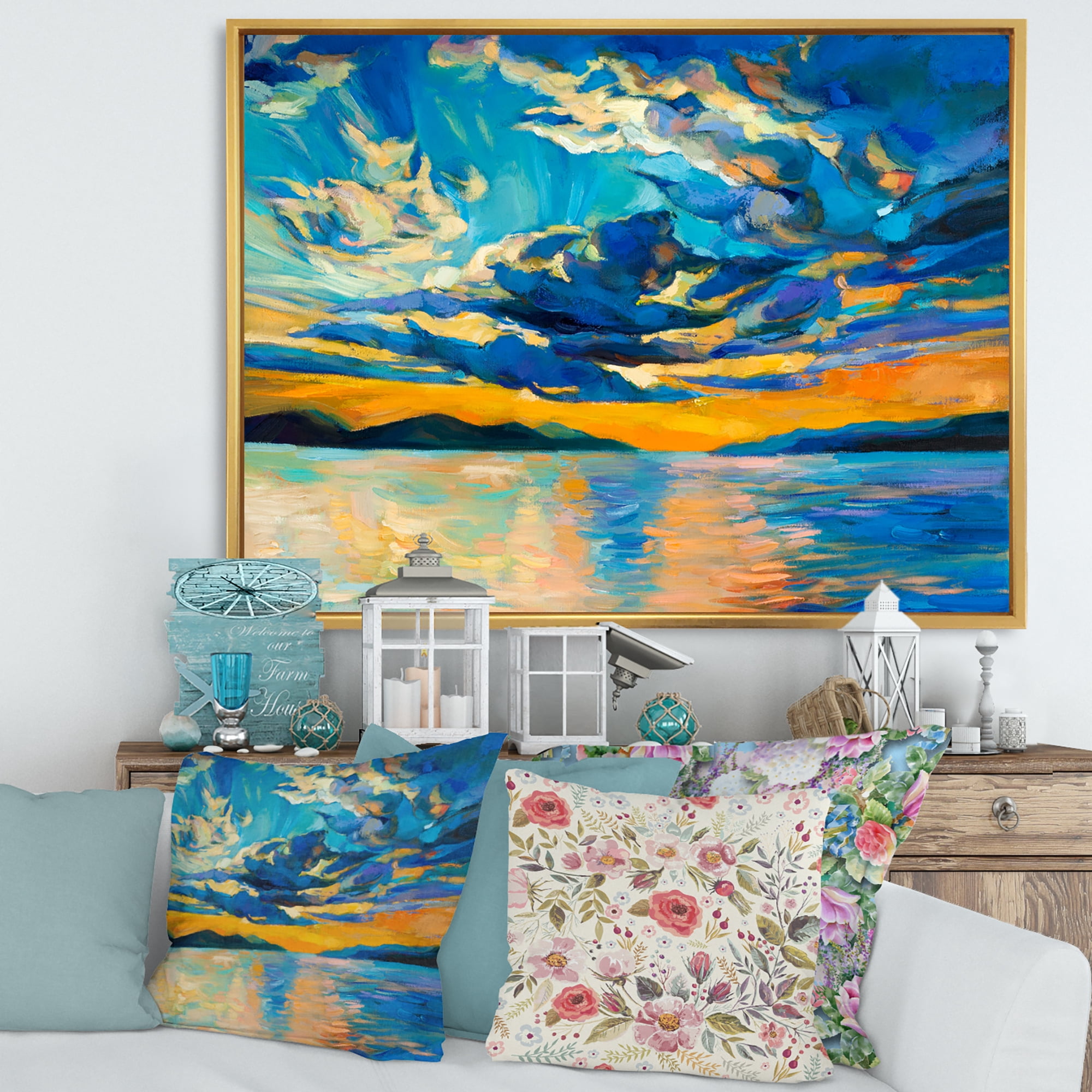 Cloudy Sunset Over Wide Open Ocean Horizon 32 in x 24 in Framed Painting Canvas Art Print, by Designart