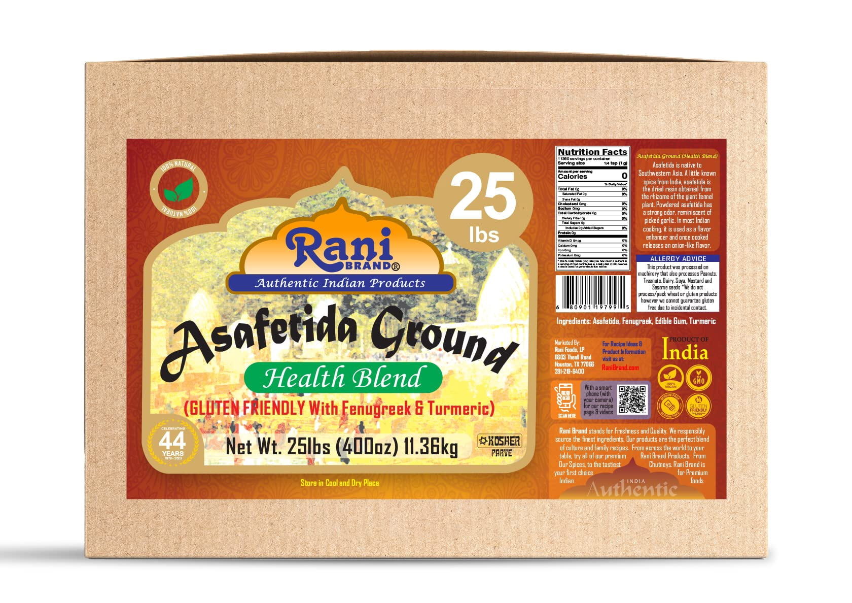 Rani Asafetida (Hing) Ground Health Blend w/ Fenugreek and Turmeric 400oz (25lbs) 11.36kg Bulk Box ~ All Natural | Salt Free | Vegan | Kosher | Asafoetida Indian Spice | Best for Onion Garlic Substitu