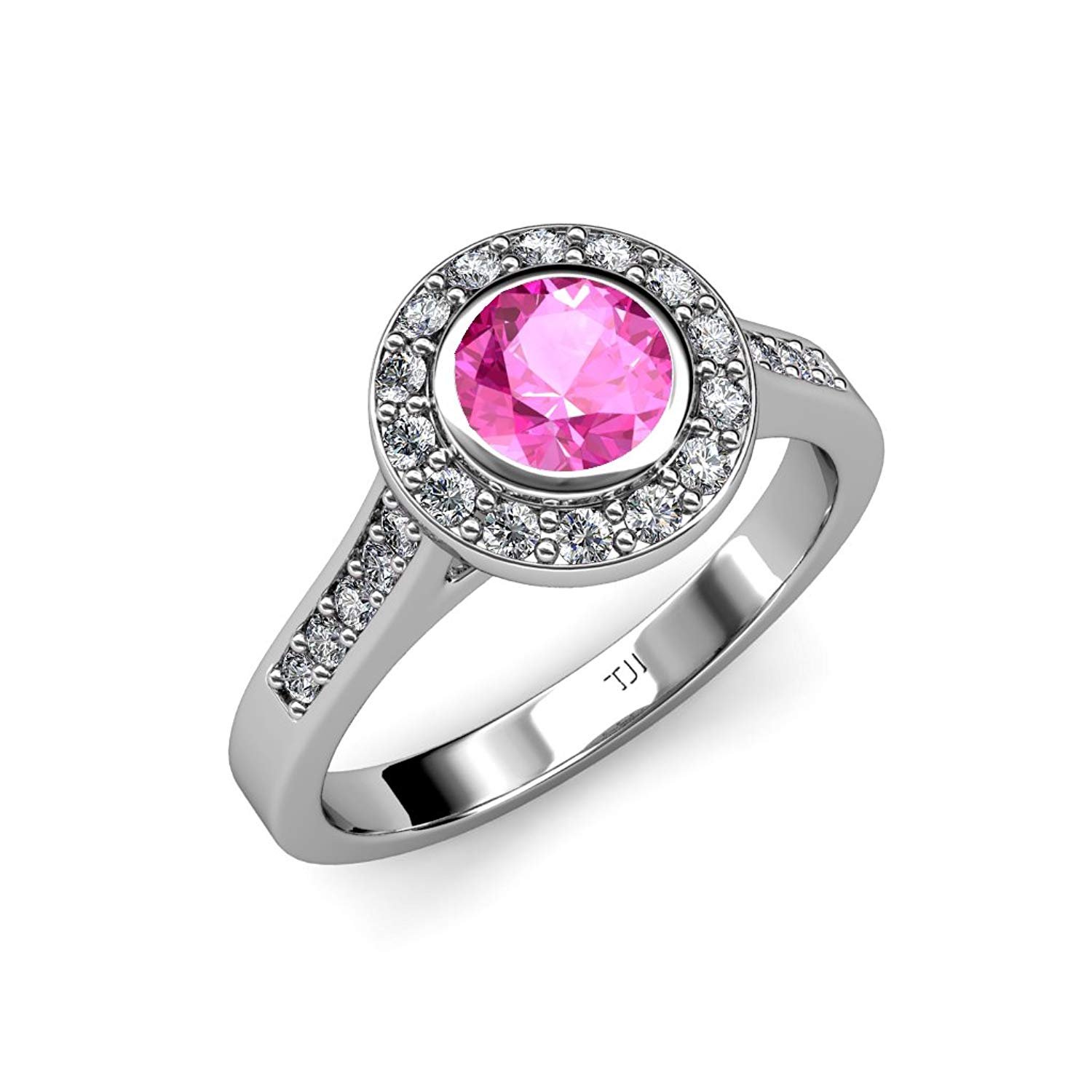 Pink Sapphire and Diamond (VS2-SI1, F-G) Halo Engagement Ring 1.41 ct tw in 18K White Gold.size 6.0 by TriJewels