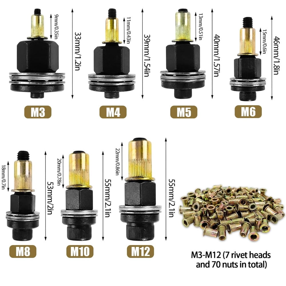 VIVIHEYDAY Durable Rivet Nut Tool, Rivnut Tools Kit with 7 PCS Mandrels, 70 PCS Rivet Nuts M3 M4 M5 M6 M8 M10 M11 M12
